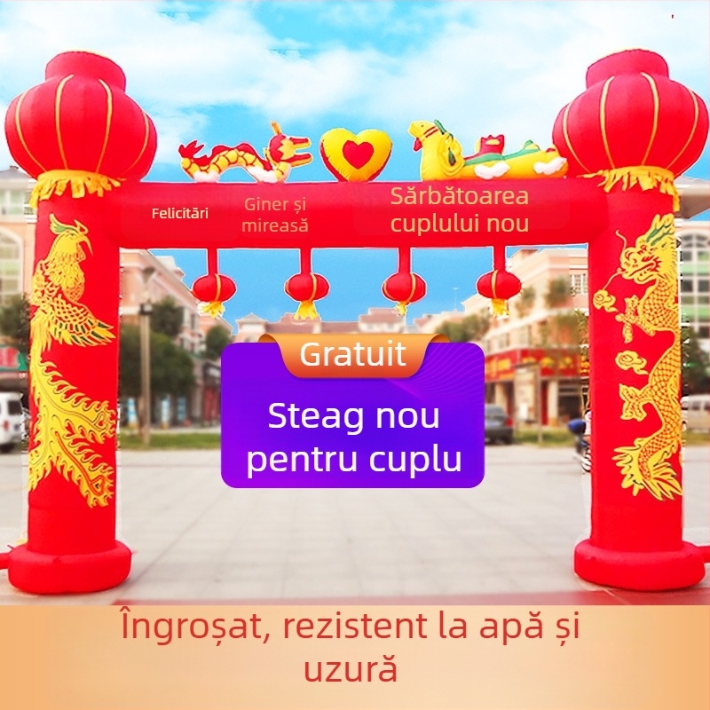 Arc de nuntă gonflabil pentru exterior, cu motiv Dragon și Fenix și curcubeu