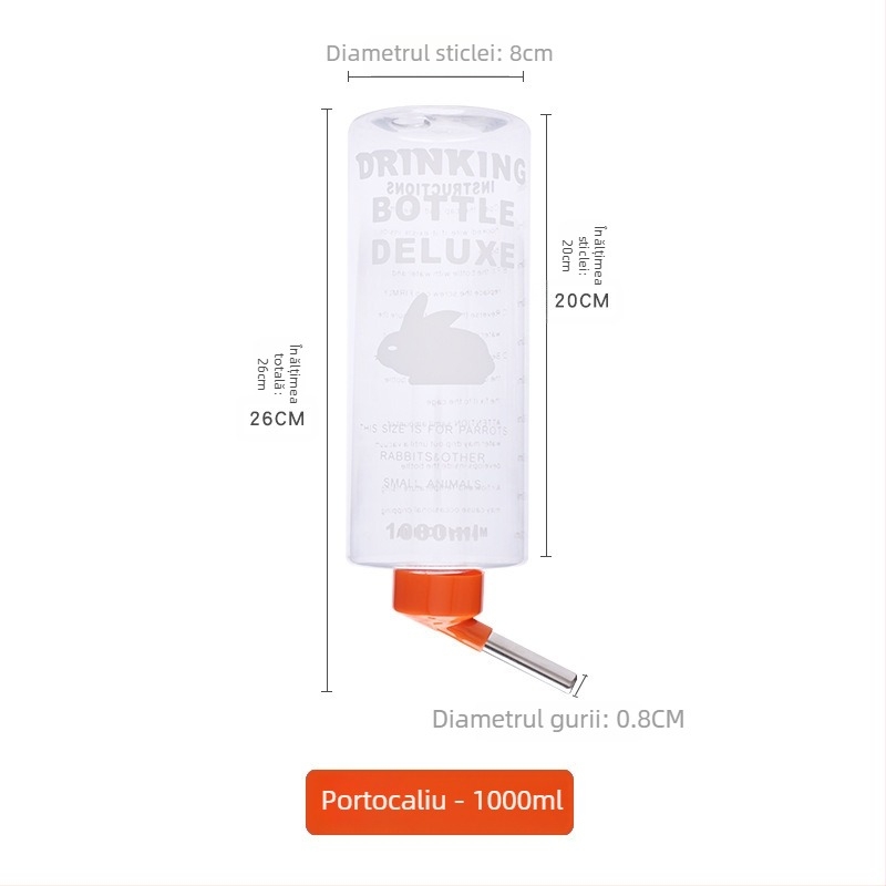 Sticlă de apă pentru animale de companie cu bilă dublă din oțel, 1000 ml, plastic + oțel inoxidabil, pentru chinchilla