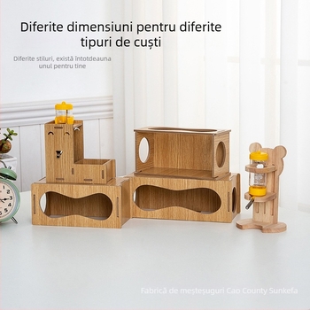 Tunel subteran pentru hamster cu adăpost de peșteră; materiale: lemn de plop și placă cu densitate înaltă; categoria: accesorii pentru animale de companie