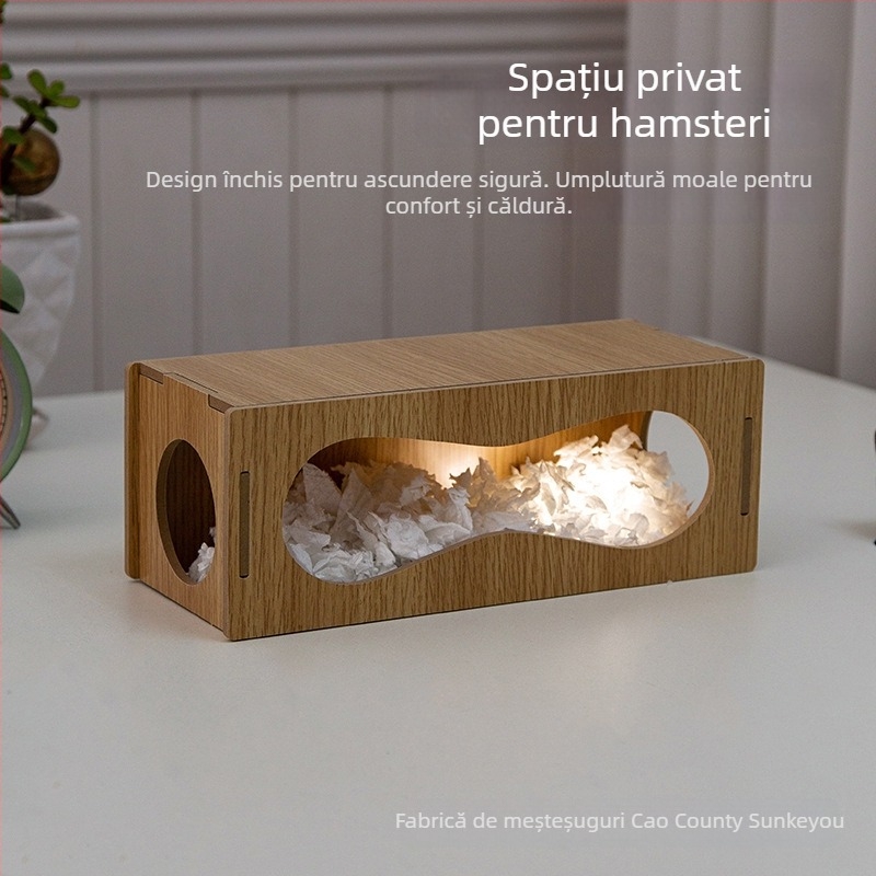 Tunel subteran pentru hamster cu adăpost de peșteră; materiale: lemn de plop și placă cu densitate înaltă; categoria: accesorii pentru animale de companie