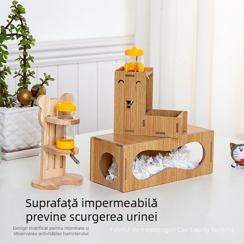 Tunel subteran pentru hamster cu adăpost de peșteră; materiale: lemn de plop și placă cu densitate înaltă; categoria: accesorii pentru animale de companie
