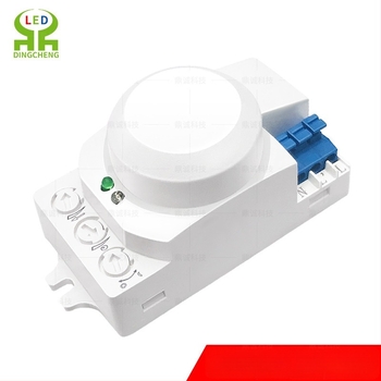 Greenway senzor radar cu unde micro‑valuri, pentru iluminat interior/exterior, coridoare, școli, centre comerciale, parcări și depozite; întârziere reglabilă 8 s–12 min; tensiune AC100-240V / DC12-24V; CE