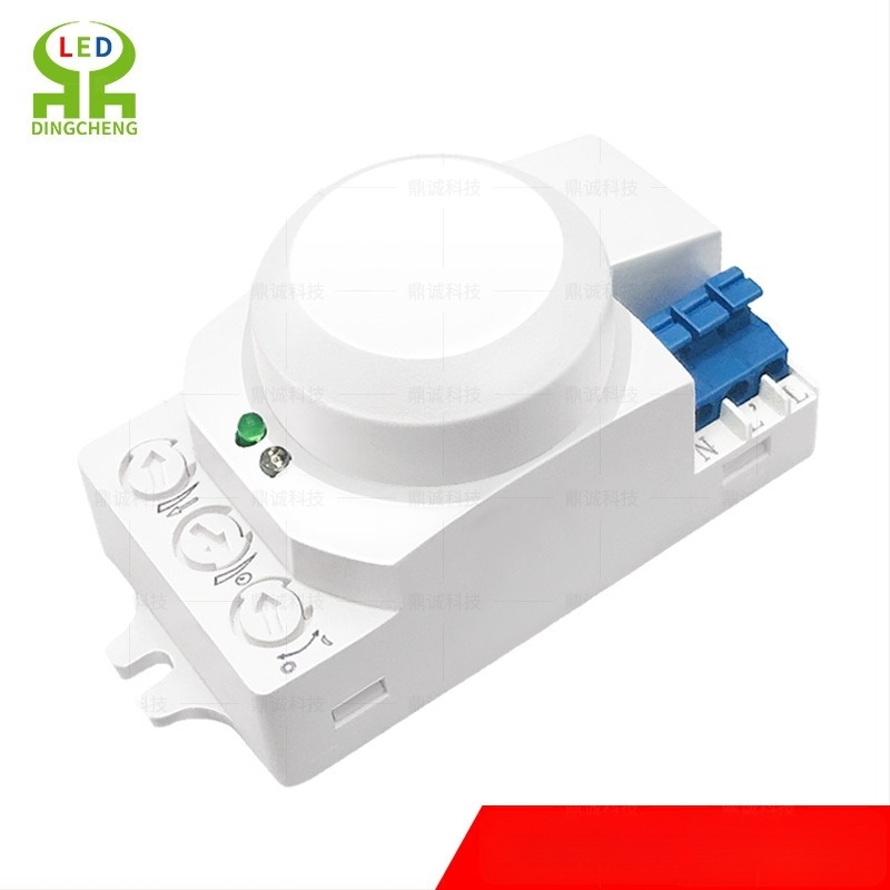 Greenway senzor radar cu unde micro‑valuri, pentru iluminat interior/exterior, coridoare, școli, centre comerciale, parcări și depozite; întârziere reglabilă 8 s–12 min; tensiune AC100-240V / DC12-24V; CE