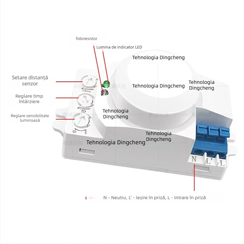 Greenway senzor radar cu unde micro‑valuri, pentru iluminat interior/exterior, coridoare, școli, centre comerciale, parcări și depozite; întârziere reglabilă 8 s–12 min; tensiune AC100-240V / DC12-24V; CE
