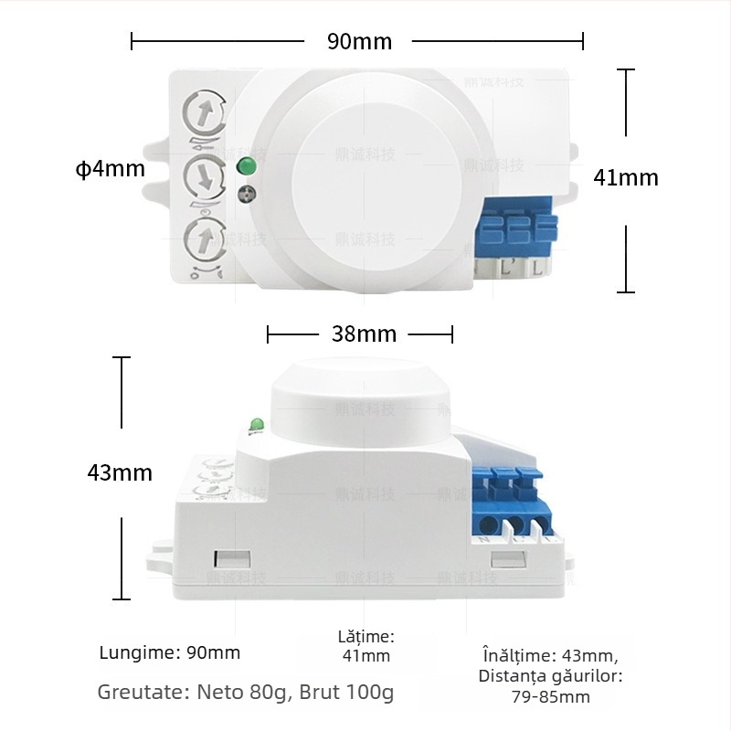 Greenway senzor radar cu unde micro‑valuri, pentru iluminat interior/exterior, coridoare, școli, centre comerciale, parcări și depozite; întârziere reglabilă 8 s–12 min; tensiune AC100-240V / DC12-24V; CE