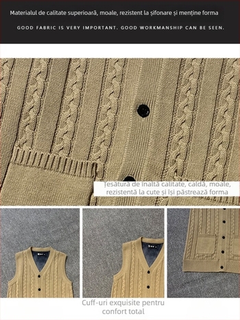 Vesta cardigan tricotată pentru bărbați, 100% bumbac, căptușită cu fleece, groasă, decolteu în V, croială mulată