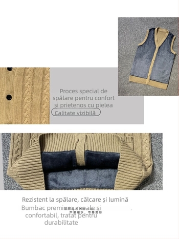 Vesta cardigan tricotată pentru bărbați, 100% bumbac, căptușită cu fleece, groasă, decolteu în V, croială mulată