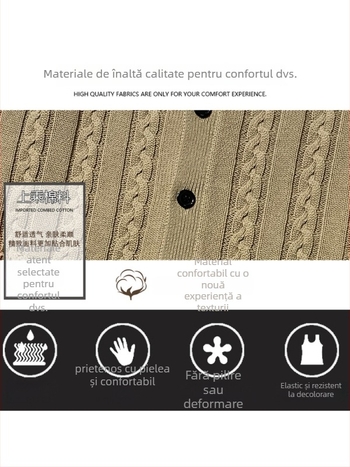 Vesta cardigan tricotată pentru bărbați, 100% bumbac, căptușită cu fleece, groasă, decolteu în V, croială mulată