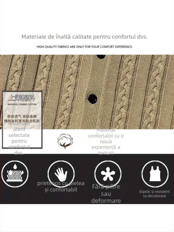 Vesta cardigan tricotată pentru bărbați, 100% bumbac, căptușită cu fleece, groasă, decolteu în V, croială mulată