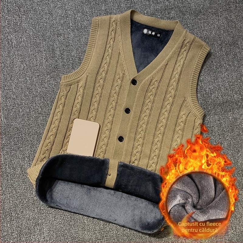 Vesta cardigan tricotată pentru bărbați, 100% bumbac, căptușită cu fleece, groasă, decolteu în V, croială mulată