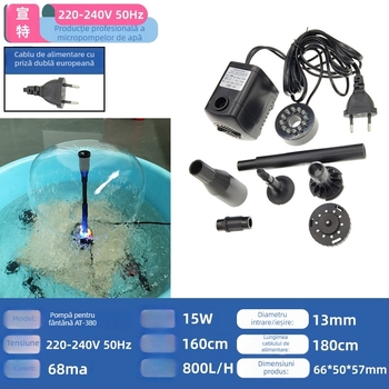 AT-380 Pompa submersibilă pentru fântâna de grădină, ABS, funcționare silențioasă, LED, pentru oxigenarea iazului cu pești