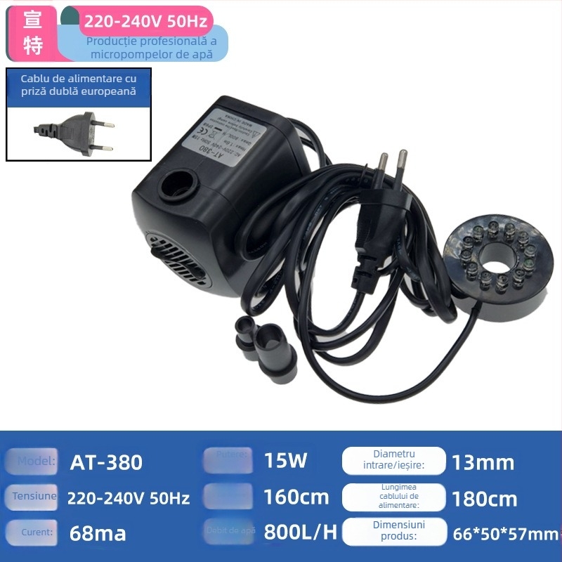 AT-380 Pompa submersibilă pentru fântâna de grădină, ABS, funcționare silențioasă, LED, pentru oxigenarea iazului cu pești