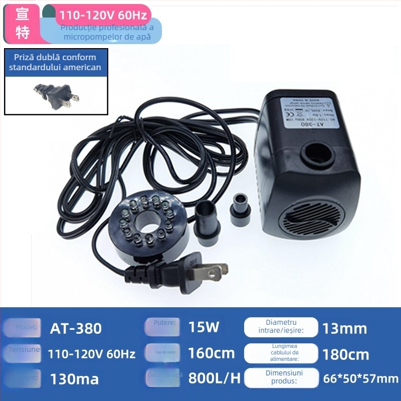 AT-380 Pompa submersibilă pentru fântâna de grădină, ABS, funcționare silențioasă, LED, pentru oxigenarea iazului cu pești