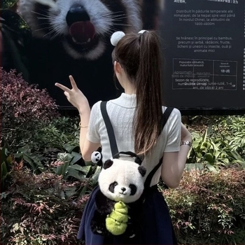 Rucsac pluș cu panda pentru copii - exterior velur, căptușeală poliester, fermoar, compartiment interior