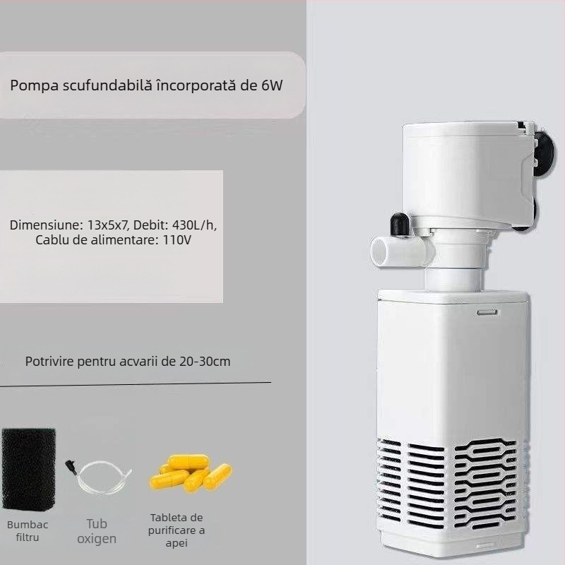 Sistem de filtrare și circulație pentru acvariu, cu pompă încorporată pentru curățarea fecalelor, oxigenare 3-în-1, funcționare silențioasă și separare a fecalelor