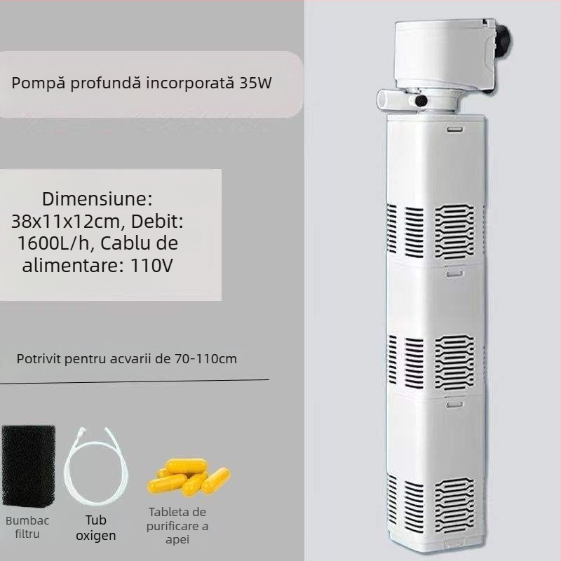 Sistem de filtrare și circulație pentru acvariu, cu pompă încorporată pentru curățarea fecalelor, oxigenare 3-în-1, funcționare silențioasă și separare a fecalelor
