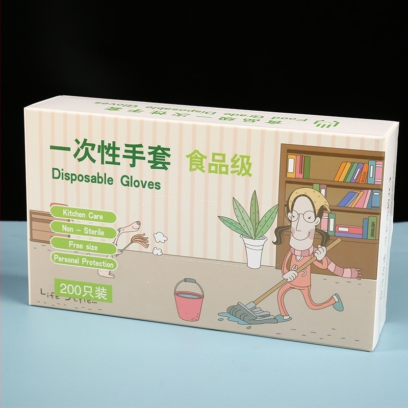 Mănuși de unică folosință PE, ambalate în cutie – transparente, rezistente la praf, 100 de bucăți, cu siglă imprimată