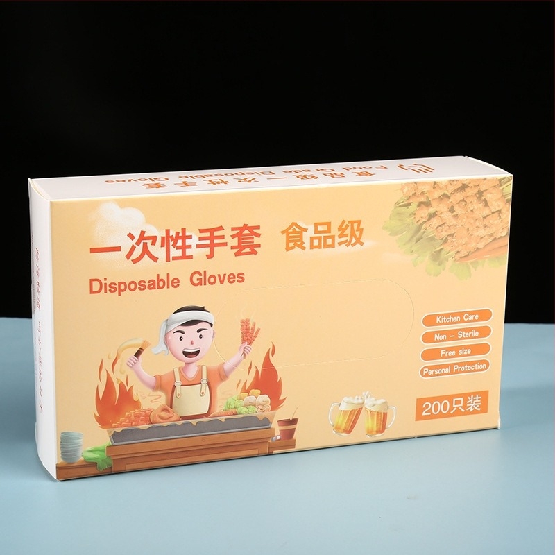 Mănuși de unică folosință PE, ambalate în cutie – transparente, rezistente la praf, 100 de bucăți, cu siglă imprimată