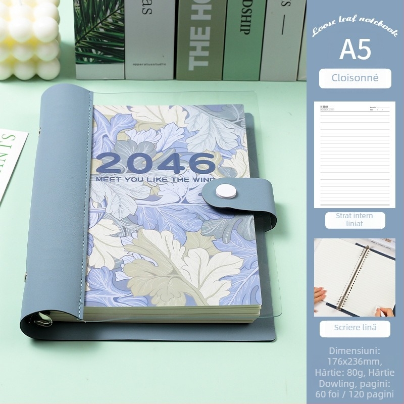 Caiet cu foi detașabile, copertă din piele moale transparentă, bloc de notițe detașabil, Dowling hârtie, 60 de coli, 8 găuri