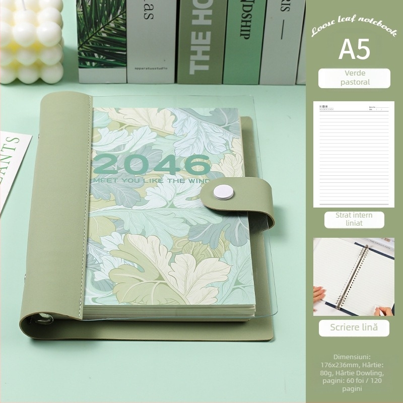 Caiet cu foi detașabile, copertă din piele moale transparentă, bloc de notițe detașabil, Dowling hârtie, 60 de coli, 8 găuri