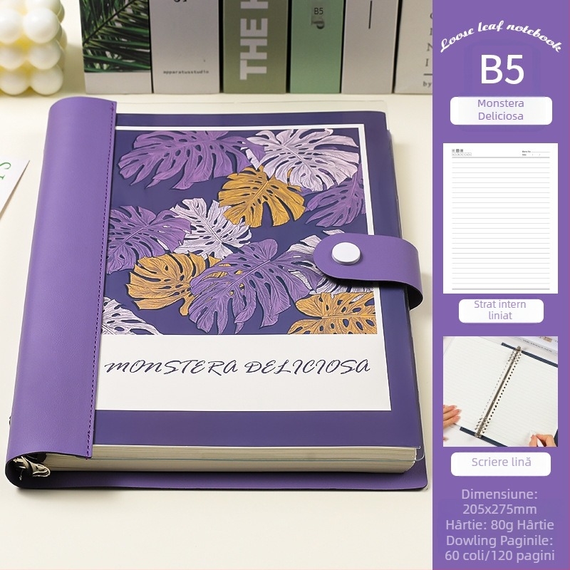 Caiet cu foi detașabile, copertă din piele moale transparentă, bloc de notițe detașabil, Dowling hârtie, 60 de coli, 8 găuri