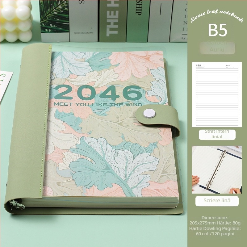 Caiet cu foi detașabile, copertă din piele moale transparentă, bloc de notițe detașabil, Dowling hârtie, 60 de coli, 8 găuri