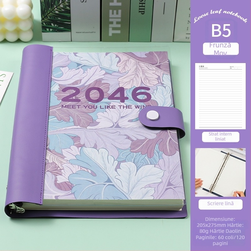 Caiet cu foi detașabile, copertă din piele moale transparentă, bloc de notițe detașabil, Dowling hârtie, 60 de coli, 8 găuri