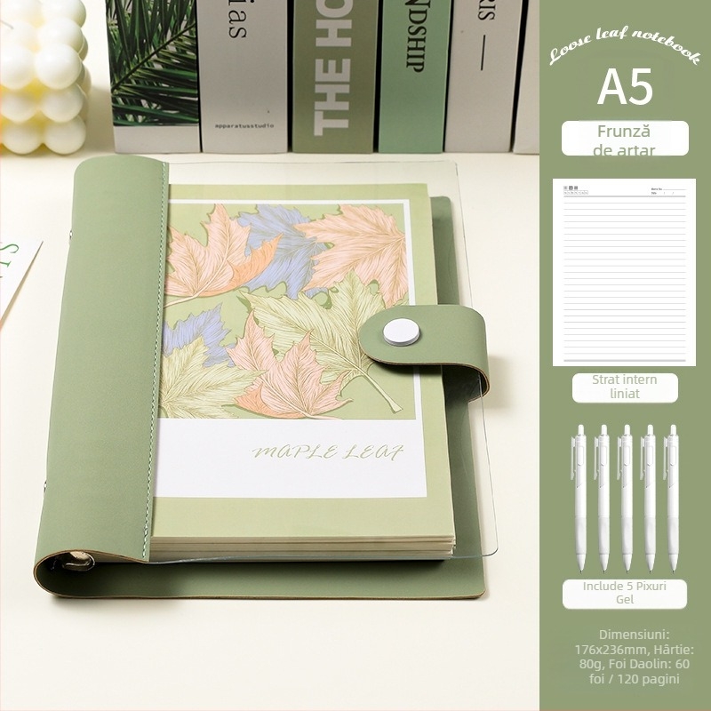 Caiet cu foi detașabile, copertă din piele moale transparentă, bloc de notițe detașabil, Dowling hârtie, 60 de coli, 8 găuri