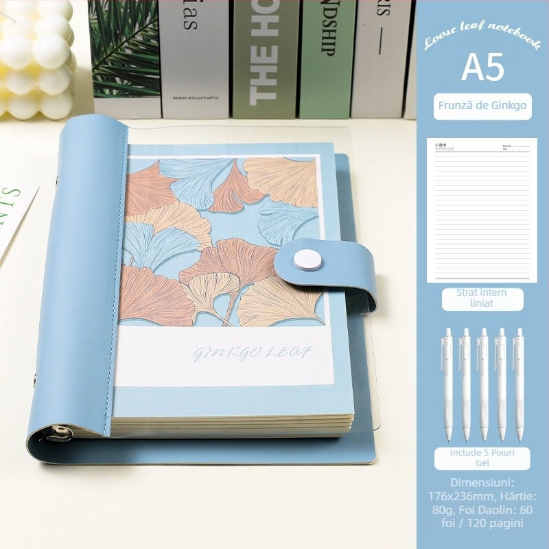 Caiet cu foi detașabile, copertă din piele moale transparentă, bloc de notițe detașabil, Dowling hârtie, 60 de coli, 8 găuri