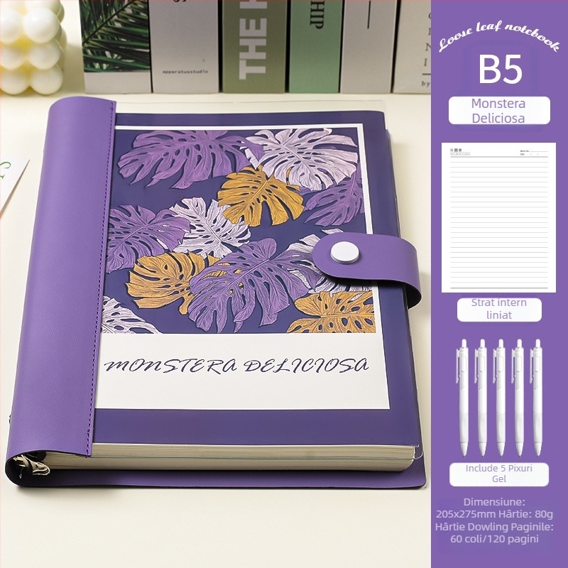 Caiet cu foi detașabile, copertă din piele moale transparentă, bloc de notițe detașabil, Dowling hârtie, 60 de coli, 8 găuri