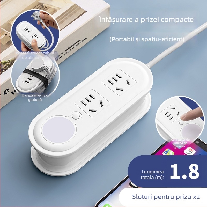 Priză de voiaj cu încărcare USB, lampă de noapte și spațiu pentru rularea cablului; tensiune 110-250V, putere până la 2500W, conductor de cupru, carcasă PP, certificat CCC