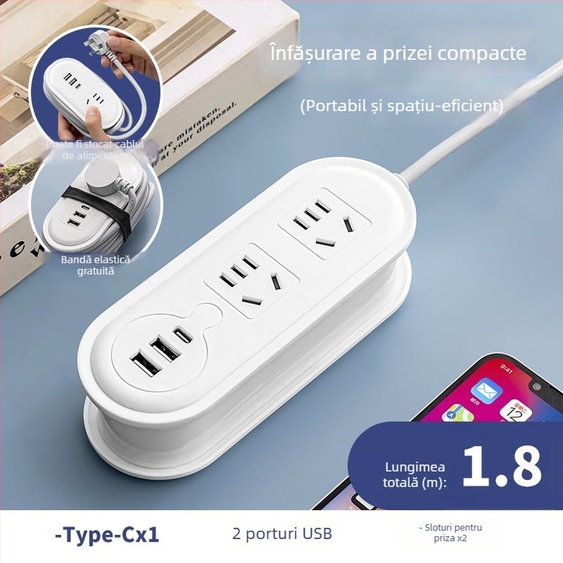 Priză de voiaj cu încărcare USB, lampă de noapte și spațiu pentru rularea cablului; tensiune 110-250V, putere până la 2500W, conductor de cupru, carcasă PP, certificat CCC