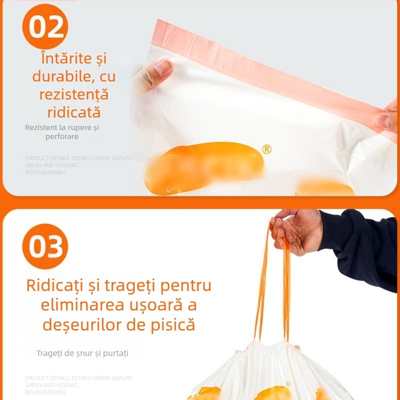 Pungi HDPE pentru gunoiul cutiei de nisip a pisicii, rulou continuu, cu șnur mare de închidere și închidere automată