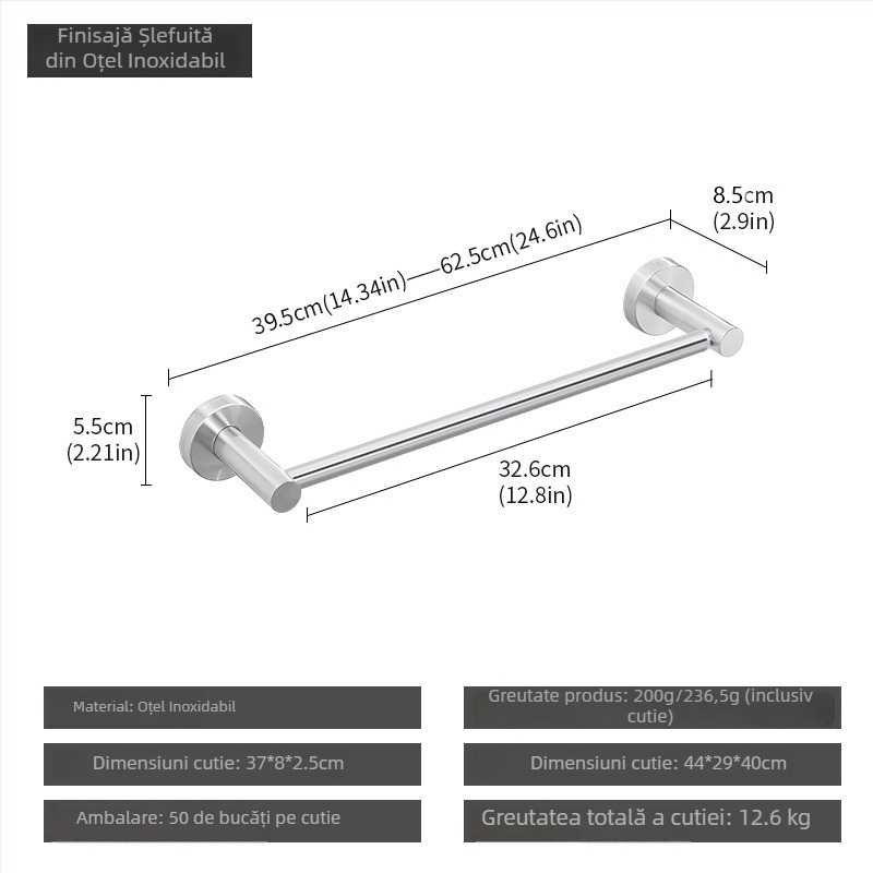 Bară telescopică pentru prosoape, oțel inoxidabil 201, finisaj brushed, încărcătură 10 kg, montaj prin găuri, stil modern minimalist