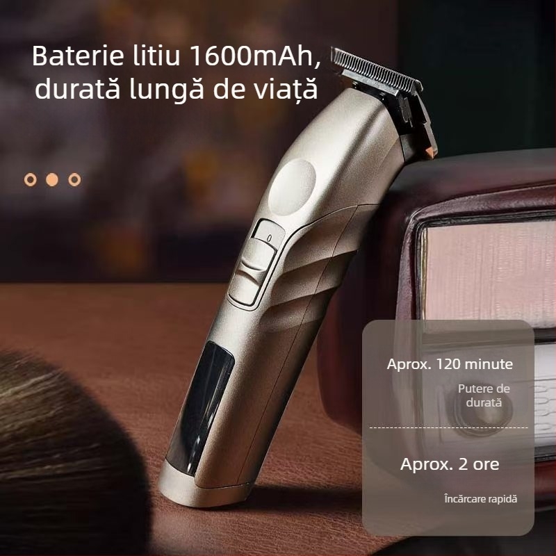 Mașină de tuns profesională cu motor brushless, lamă ceramică, baterie încorporată, autonomie 1–3 h, cap de lamă demontabil și lavabil