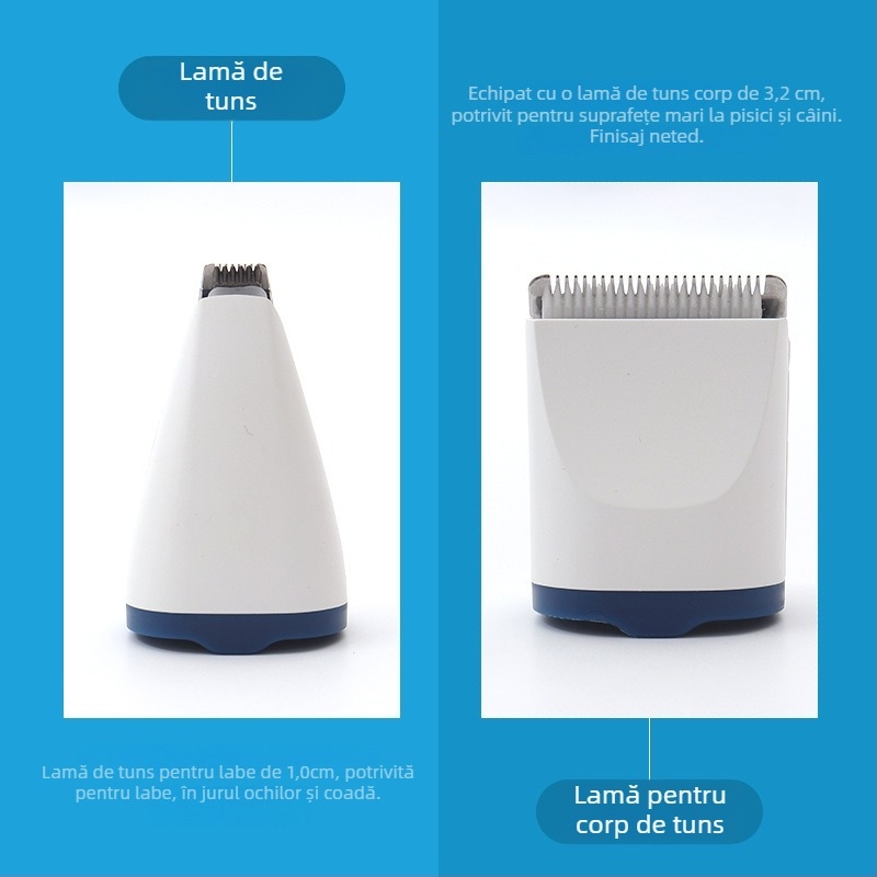 Set de tuns animale de companie 2 în 1 pentru pisici și câini, cu capete de tăiere duble, lame din ceramică și oțel inoxidabil, încărcare rapidă USB-C 5V 1A.
