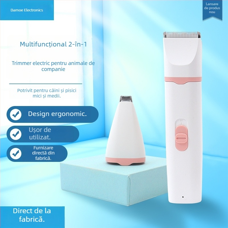 Set de tuns animale de companie 2 în 1 pentru pisici și câini, cu capete de tăiere duble, lame din ceramică și oțel inoxidabil, încărcare rapidă USB-C 5V 1A.