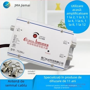 Amplificator de semnal TV prin cablu cu splitter analog 1 la 2 pentru semnale terestre (analog-digital, distribuție cu două căi)