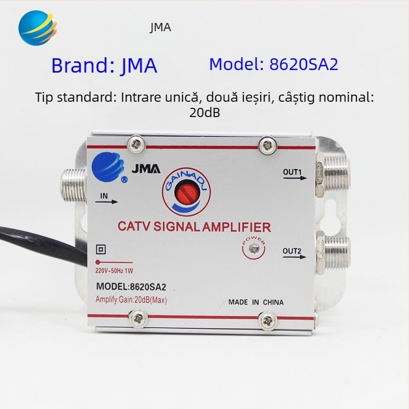 Amplificator de semnal TV prin cablu cu splitter analog 1 la 2 pentru semnale terestre (analog-digital, distribuție cu două căi)