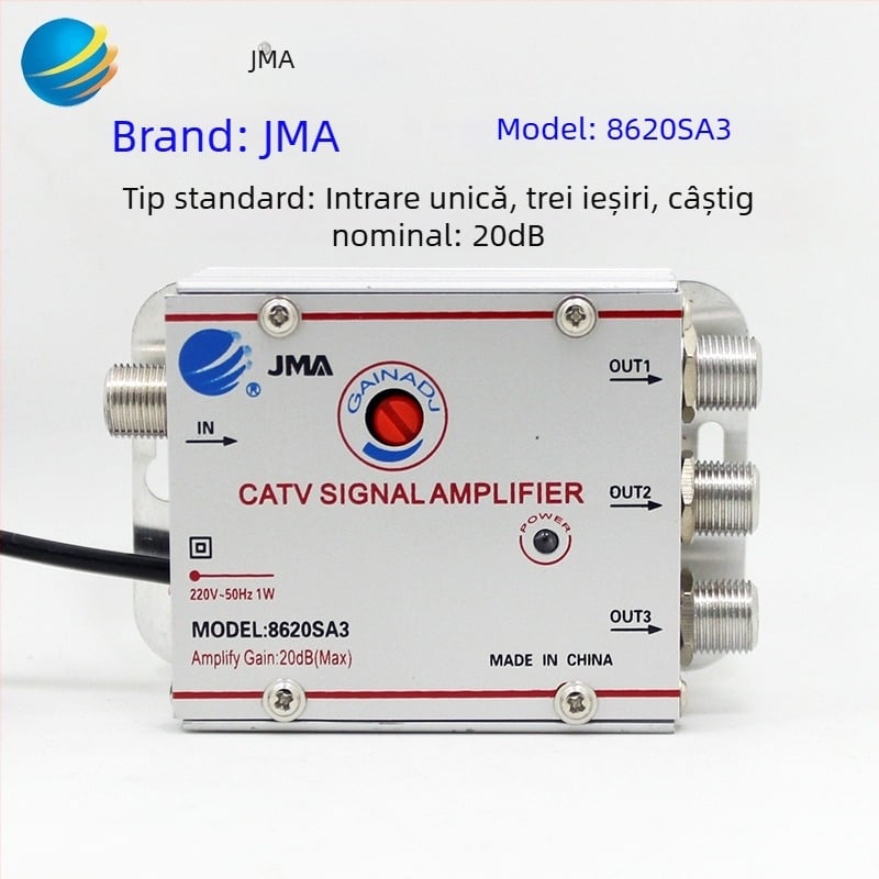 Amplificator de semnal TV prin cablu cu splitter analog 1 la 2 pentru semnale terestre (analog-digital, distribuție cu două căi)