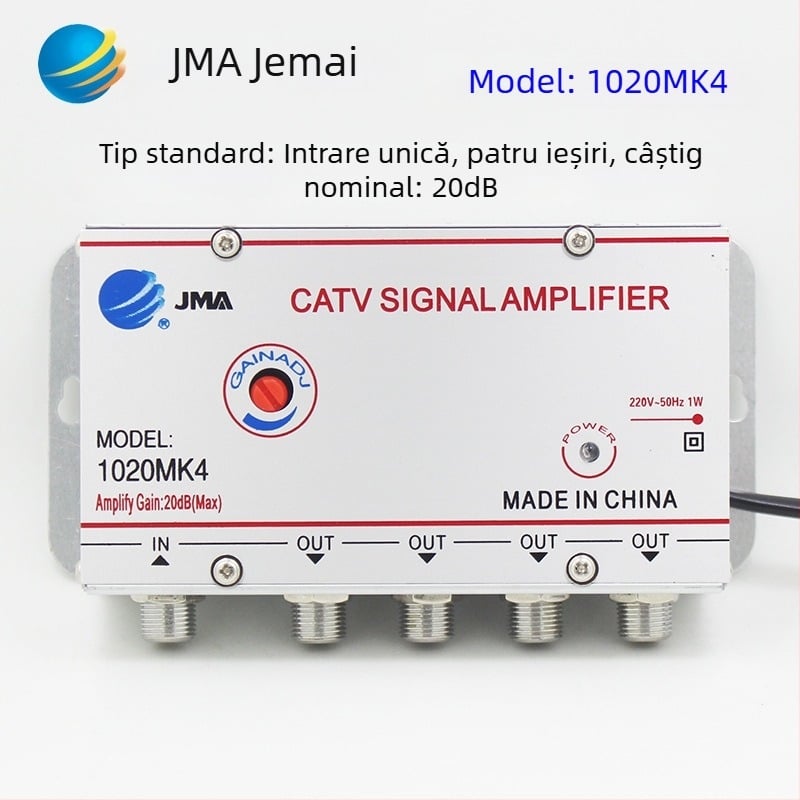 Amplificator de semnal TV prin cablu cu splitter analog 1 la 2 pentru semnale terestre (analog-digital, distribuție cu două căi)