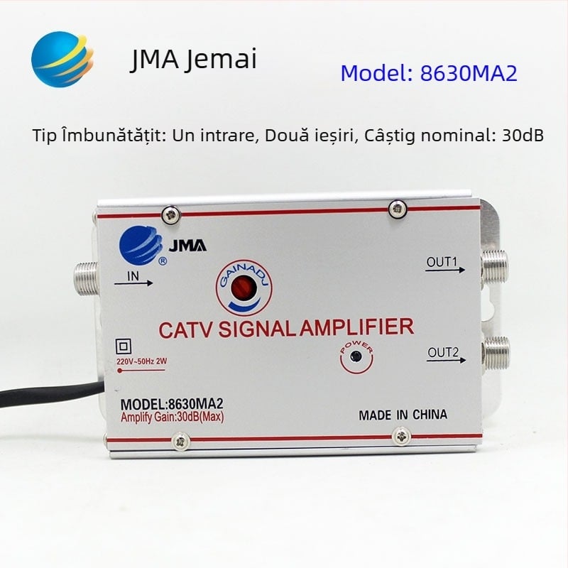 Amplificator de semnal TV prin cablu cu splitter analog 1 la 2 pentru semnale terestre (analog-digital, distribuție cu două căi)