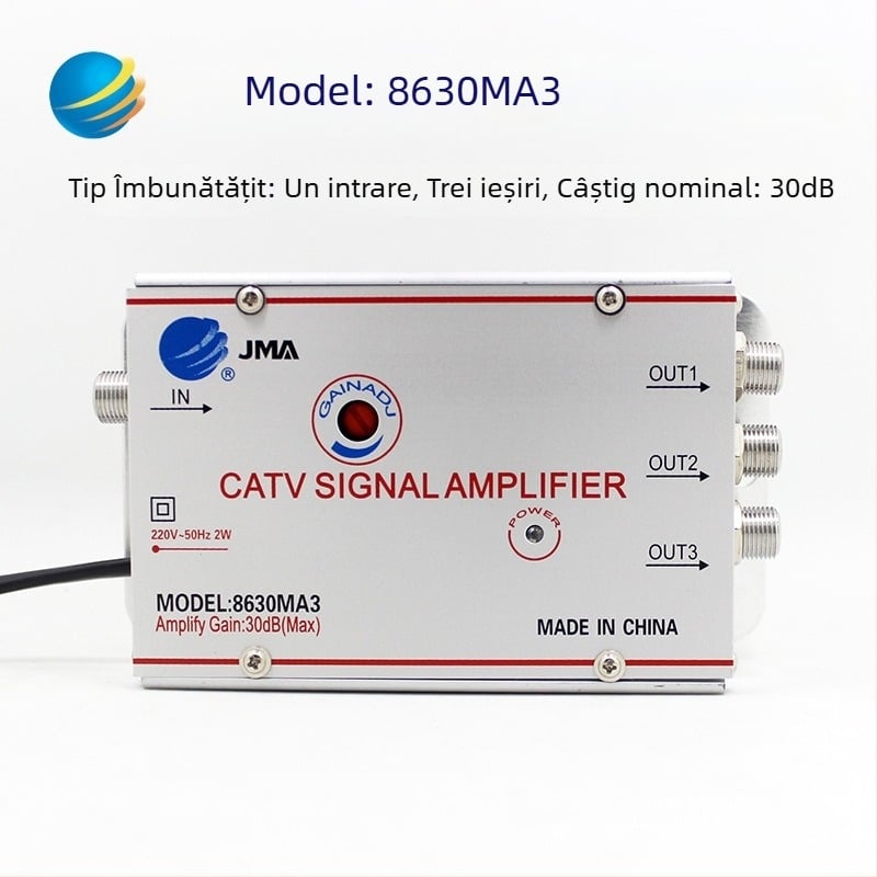 Amplificator de semnal TV prin cablu cu splitter analog 1 la 2 pentru semnale terestre (analog-digital, distribuție cu două căi)