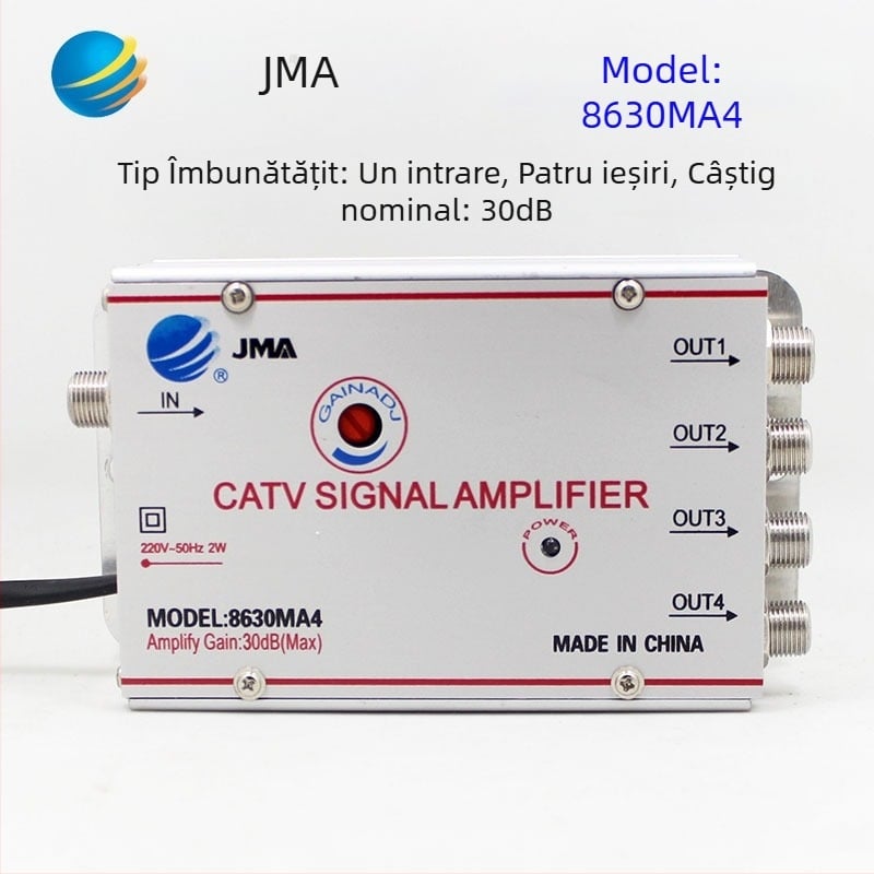 Amplificator de semnal TV prin cablu cu splitter analog 1 la 2 pentru semnale terestre (analog-digital, distribuție cu două căi)