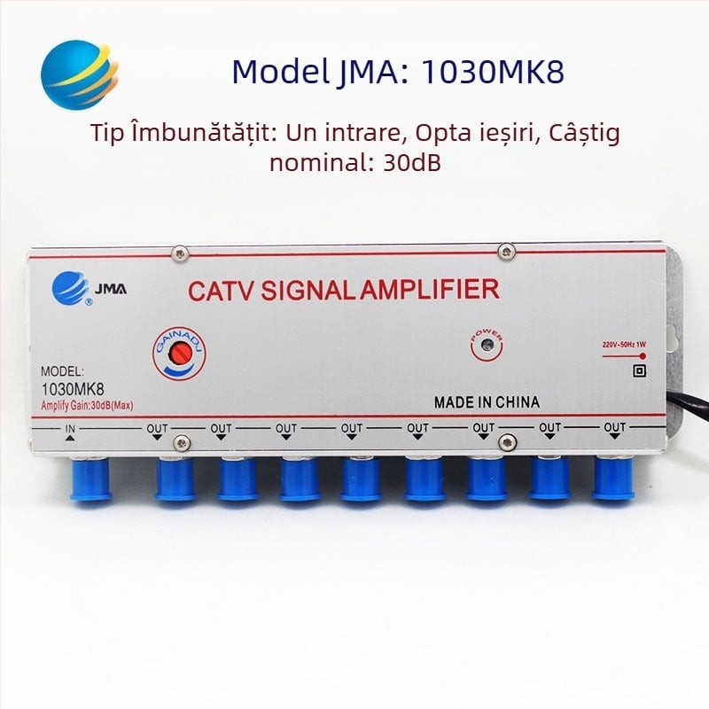 Amplificator de semnal TV prin cablu cu splitter analog 1 la 2 pentru semnale terestre (analog-digital, distribuție cu două căi)