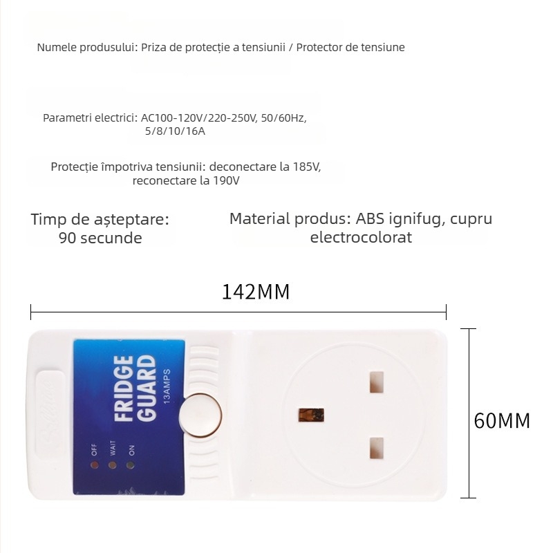 FRANK Protecție de tensiune pentru frigider cu temporizator, 220–250V, 10A, carcasă ABS ignifugă, -15°C până la 75°C