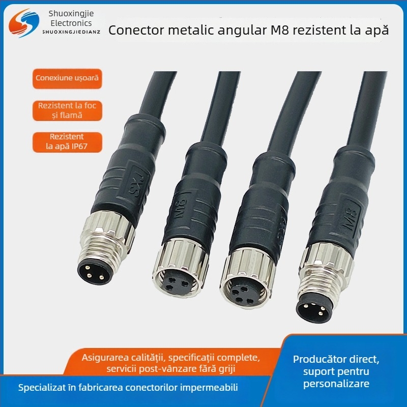 Conector M8 impermeabil cu unghi drept pentru echipamente de incubare și iluminare de creștere a plantelor | 2-3 conductori | izolație nylon/PVC | Brand Sxj