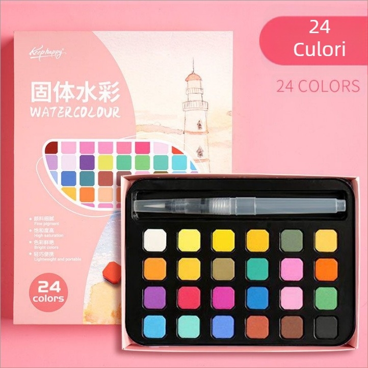 Set de acuarele 36 de culori într-o cutie metalică, destinat elevilor, cu stilou cu cerneală, portabil, include geantă de catifea și geantă PE mată