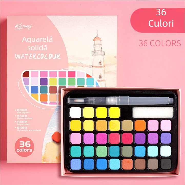 Set de acuarele 36 de culori într-o cutie metalică, destinat elevilor, cu stilou cu cerneală, portabil, include geantă de catifea și geantă PE mată
