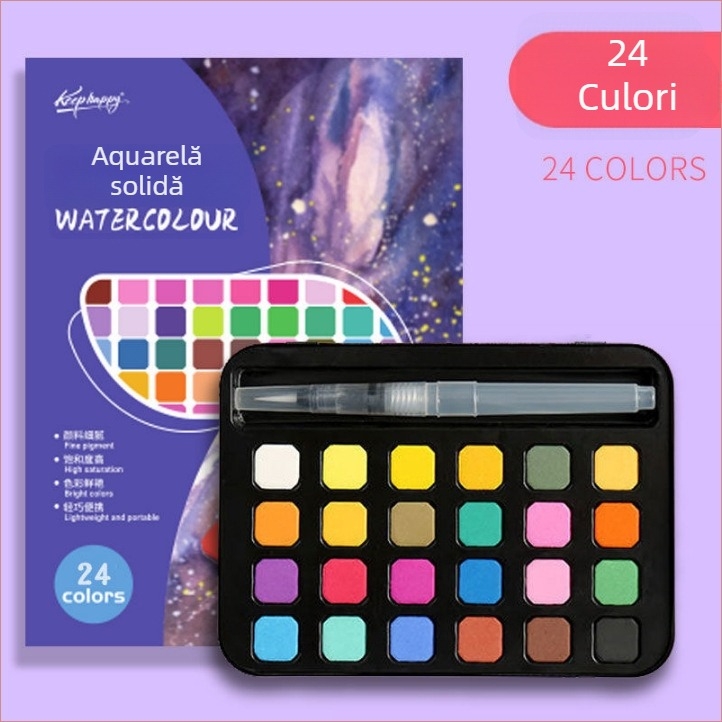 Set de acuarele 36 de culori într-o cutie metalică, destinat elevilor, cu stilou cu cerneală, portabil, include geantă de catifea și geantă PE mată